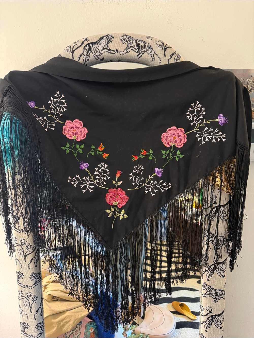 Black Floral Embroidered Fringe Shawl